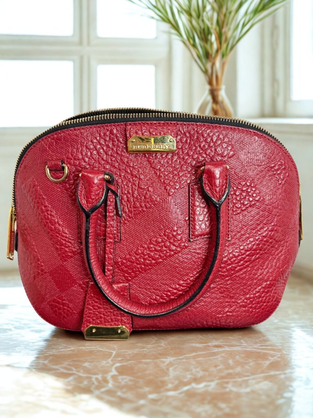 Burberry Small Orchard Bag Red Embossed Check Dome Satchel Crossbody